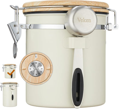 Veken Coffee Canister - Airtight Stainless Steel Storage Container with Date Tracker & Scoop | 16oz Cream