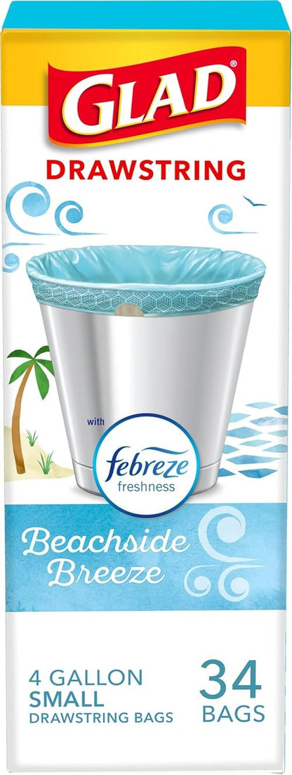 Glad Odorshield Small Drawstring Trash Bags - 4 Gal, Febreze Beachside Breeze Scent, 34 Count