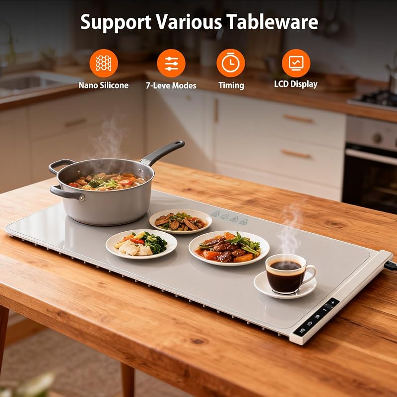 Extra Large Warming Mat for Food 32x15 in - Rollable Countertop Warmer, Off-White