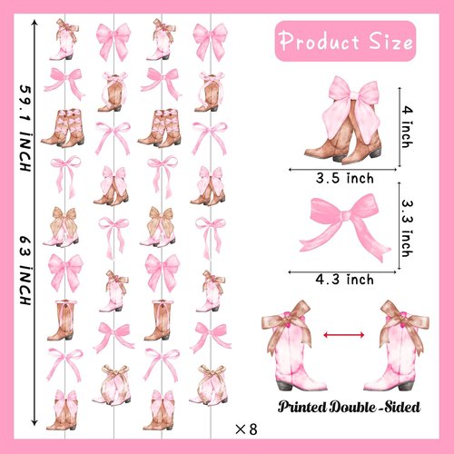 Coquette Cowgirl Bow and Boots Garlands - 8PCS Western Hanging Decorations for Bachelorette Parties