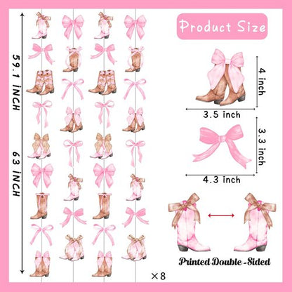 Coquette Cowgirl Bow and Boots Garlands - 8PCS Western Hanging Decorations for Bachelorette Parties