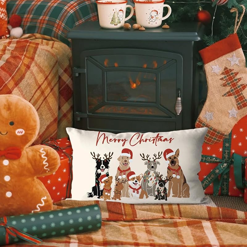 Merry Christmas Dog Throw Pillow Cover 12x20 – Variation: Dogs | Home Decor