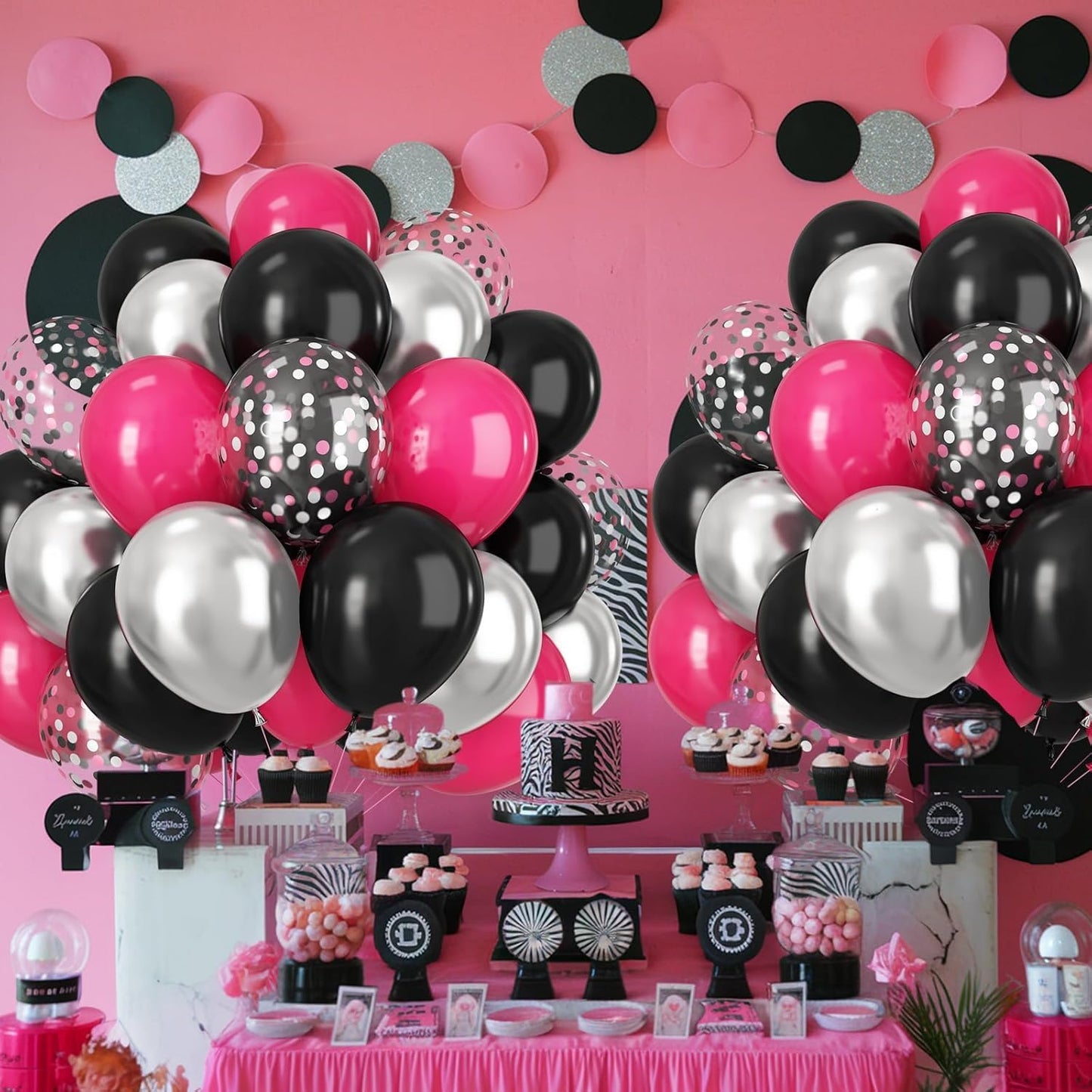 Skiennix 12-Inch Black & Hot Pink Balloons - 60pcs Metallic & Confetti for Birthday, Baby Shower & Gender Reveal