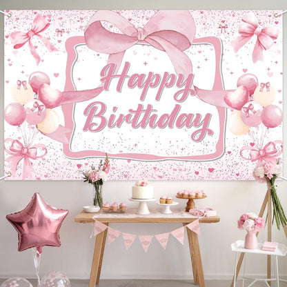 Skiennix Pink Bow Birthday Backdrop - Happy Birthday Banner Decorations for Girls' Parties