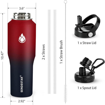 SENDESTAR 32oz Stainless Steel Water Bottle - Wide Mouth, Vacuum Insulated, Fits Car Cup Holders - 2 Lids Included