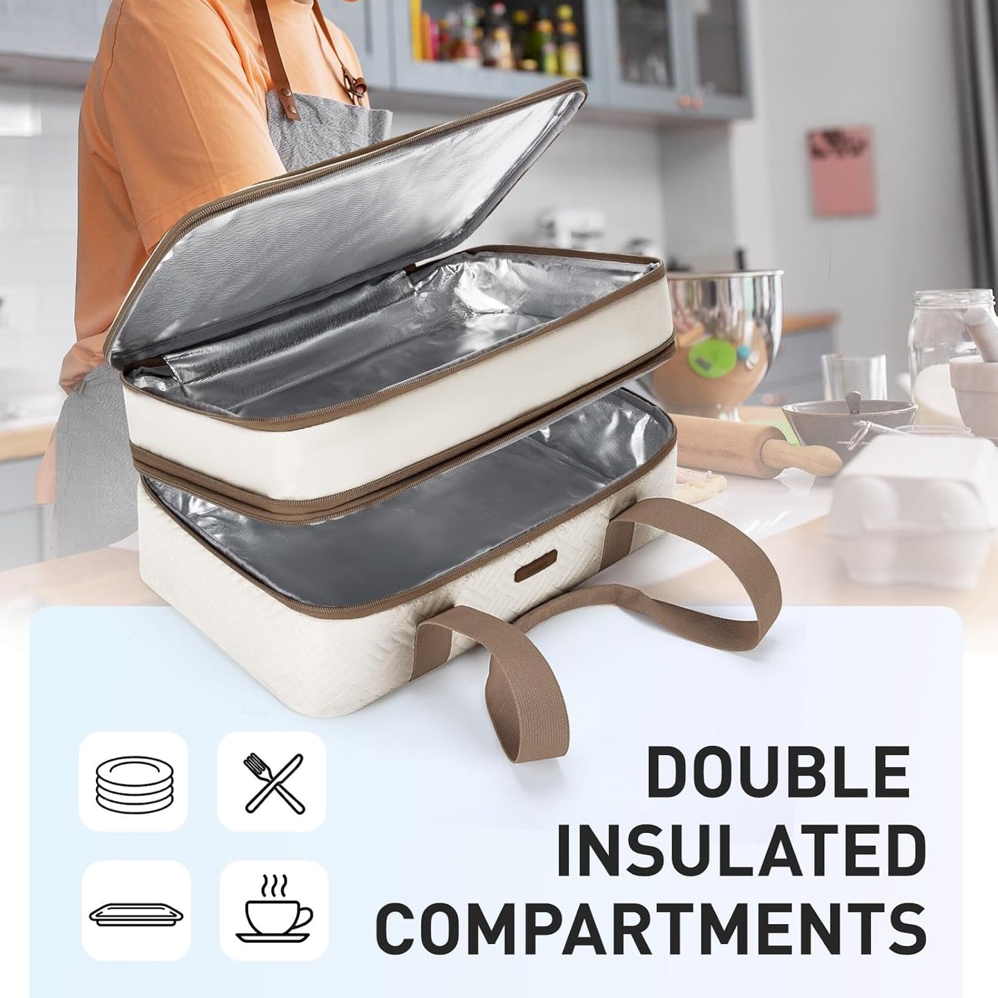 TOURIT Double Decker Insulated Casserole Carrier - Expandable Thermal Food Carrier for Picnics | Fits 9" x 13" Dishes