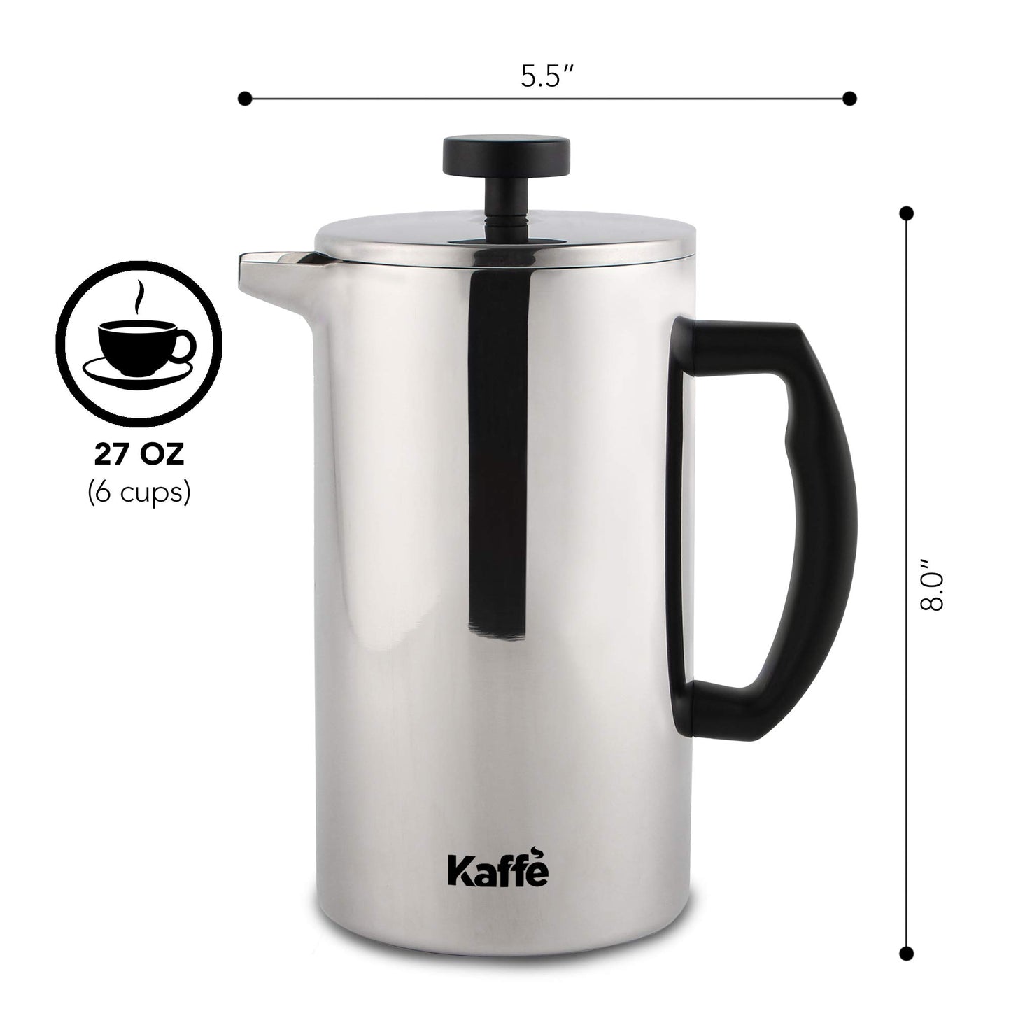 Kaffe Stainless Steel French Press Coffee Maker (27oz / 0.8L) - Double-Wall Insulated Coffee Press Stainless Steel - Travel & Camping Coffee Maker - Homemade French Press Coffee - Coffee Gift