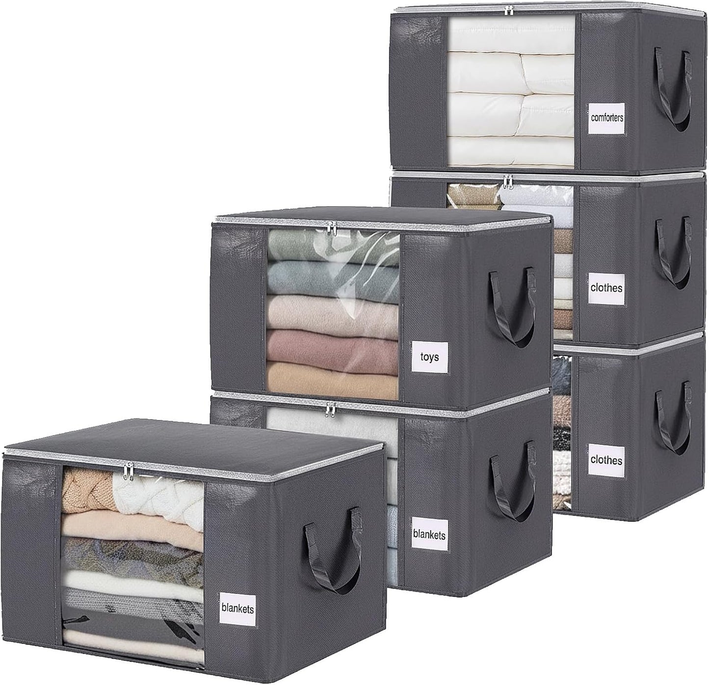 YGEOMER Blanket Storage Bags - 90L Large Foldable Containers | 6 Pack for Bedding, Clothes & Toys