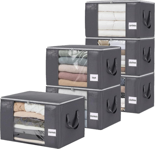 YGEOMER Blanket Storage Bags - 90L Large Foldable Containers | 6 Pack for Bedding, Clothes & Toys