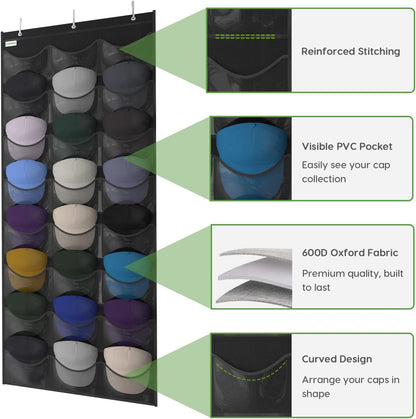 Unjumbly Baseball Hat Rack - 24 Pocket Over-The-Door Organizer with Clear Pockets | Black