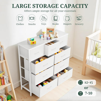 Regine Switzerland 9-Drawer Dresser - Anti-Tip Storage Organizer with Wooden Top & Metal Frame | White
