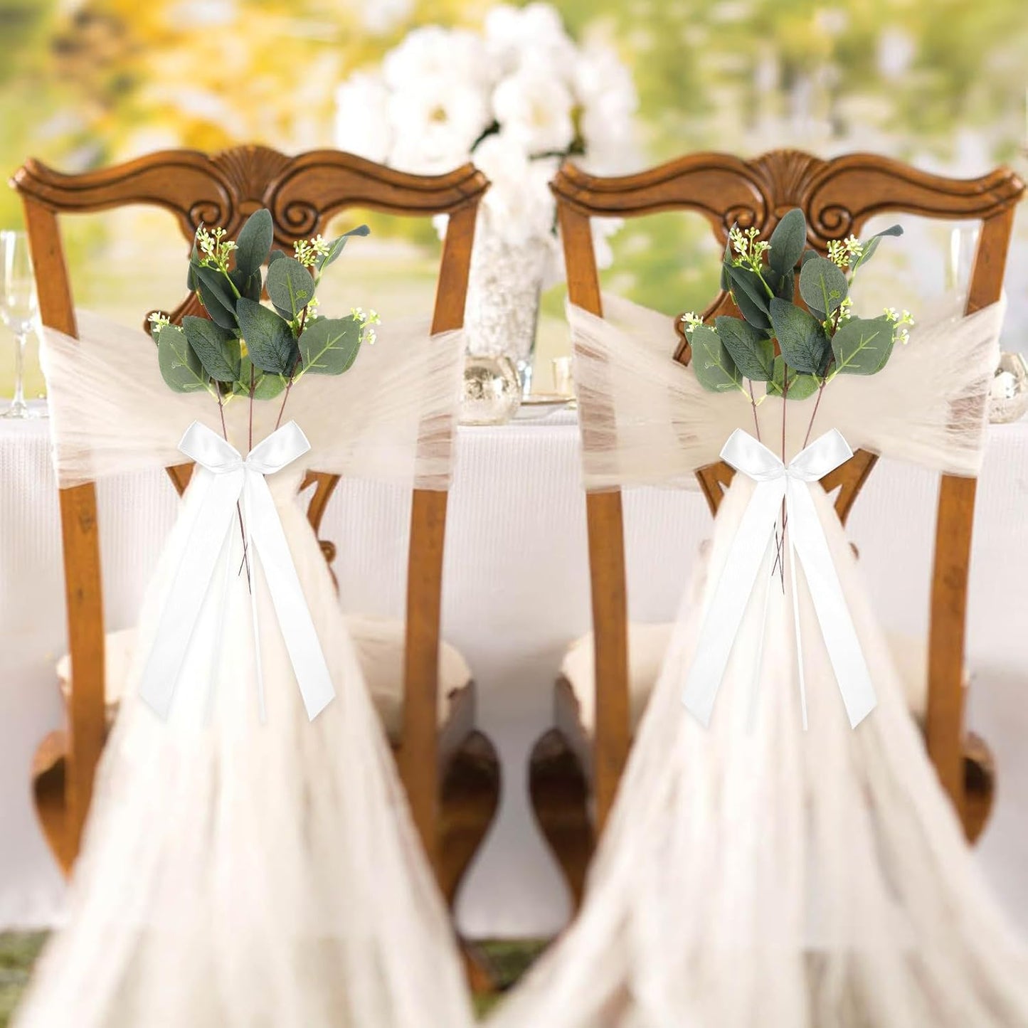 Skiennix Wedding Aisle Decorations - 24 Sets of Elegant White Ribbon Bows with Artificial Eucalyptus for Chairs & Benches
