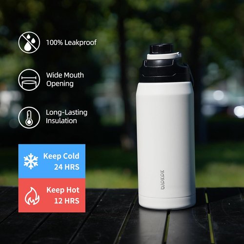 BJPKPK 36oz Insulated Water Bottle - Stainless Steel, Leakproof Spout Lid, Keeps Drinks Hot & Cold | White