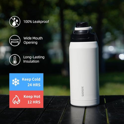 BJPKPK 36oz Insulated Water Bottle - Stainless Steel, Leakproof Spout Lid, Keeps Drinks Hot & Cold | White