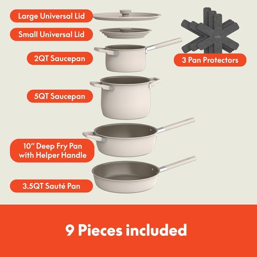 Bella 9-Piece Ceramic Nonstick Cookware Set - EverGood™ Coating, Dishwasher Safe, Stackable Design, Oatmilk Color