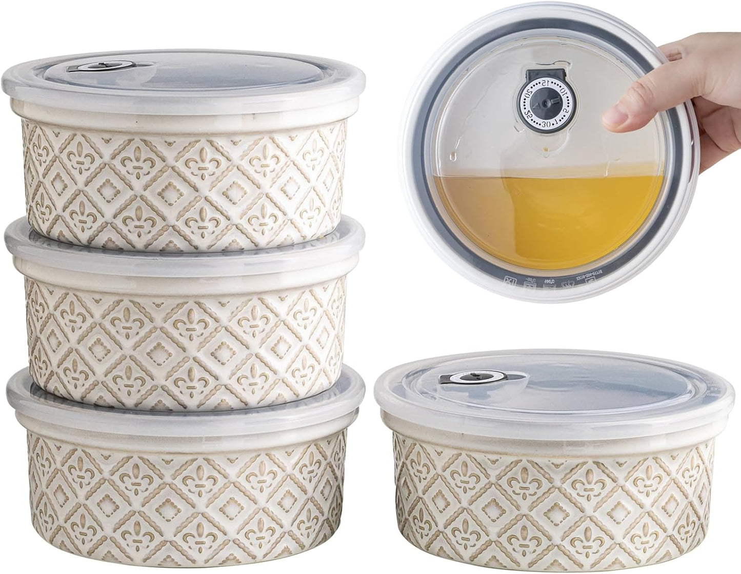 Ramekins 40 Oz Ceramic Airtight Bowls Set of 4 - Large Mixing Bowls with Lids for Salad, Soup & Baking - Beige