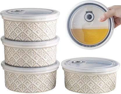 Ramekins 40 Oz Ceramic Airtight Bowls Set of 4 - Large Mixing Bowls with Lids for Salad, Soup & Baking - Beige