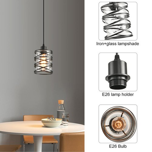 IHENGYANLT 2 Pack Black Spiral Cage Pendant Lights with Clear Glass Shade, Suitable for Kitchen Island, Dining Table, Entryway, Restaurant