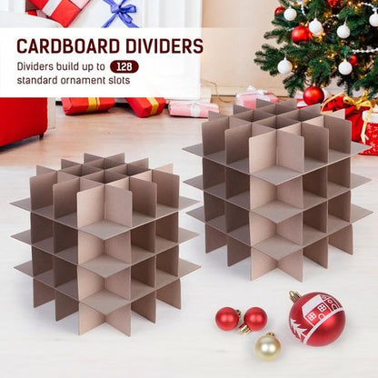 Lambada Christmas Ornament Storage Box - Durable Organizer for 128 Ornaments | Adjustable Dividers, Red