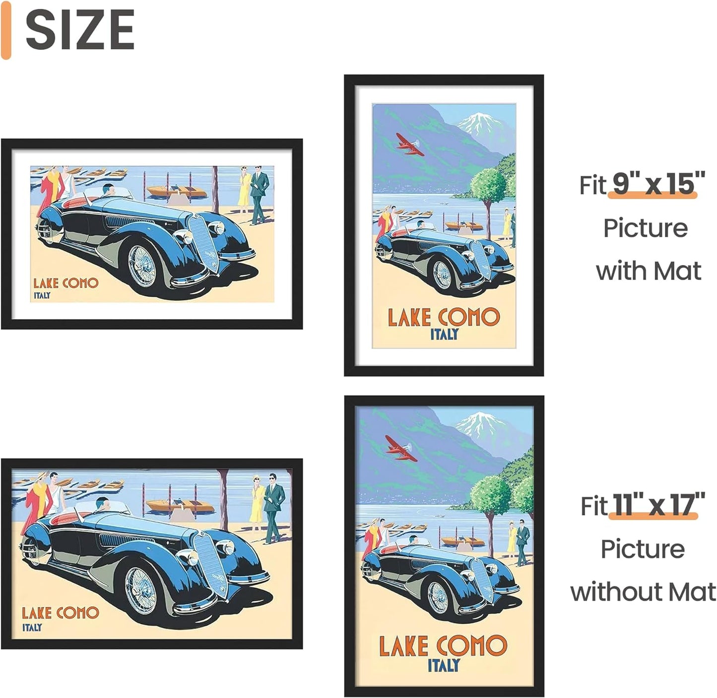 Upsimples 11x17 Picture Frame Set of 5 - Stylish Black Frames for 9x15 or 11x17 Photos