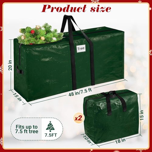 BlessedSeason Christmas Tree Storage Bag - 7.5 Ft Waterproof Design with 2 Large Tinsel Garland Bags, Green