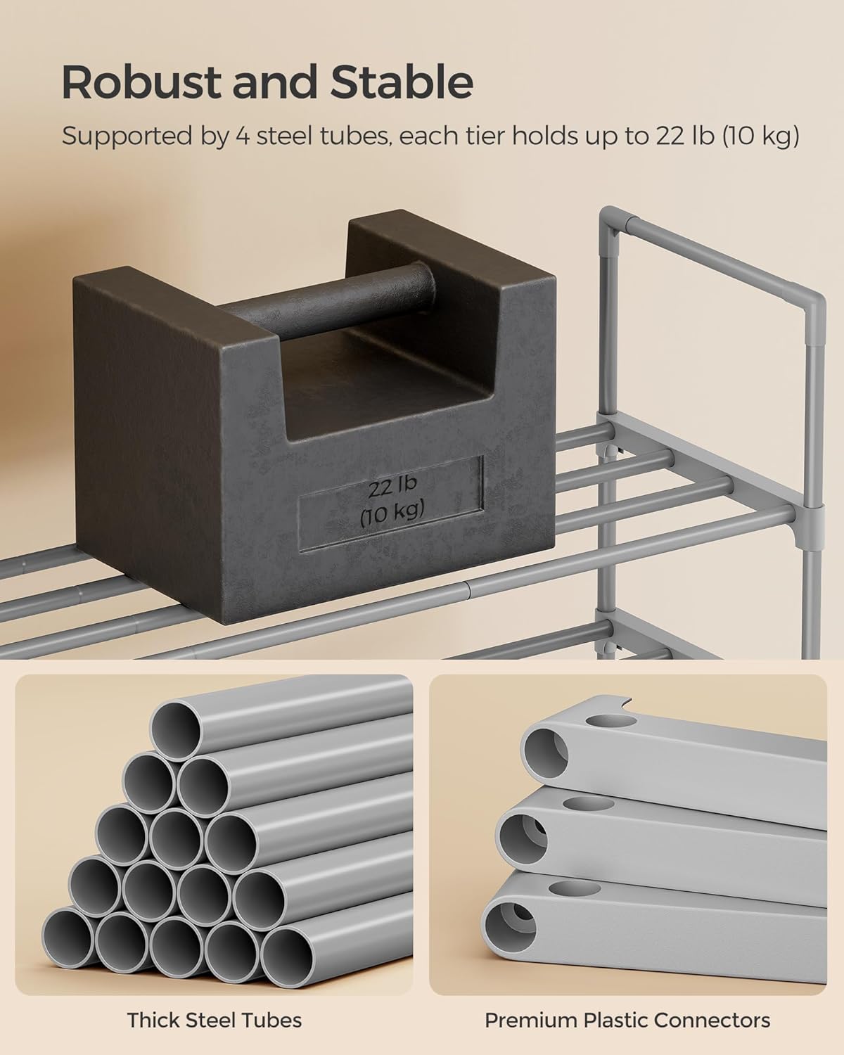 SONGMICS 2-Tier Shoe Rack - Stackable Metal Organizer for 12-15 Pairs | Gray, 11.8 x 36.2 x 14.6 Inches