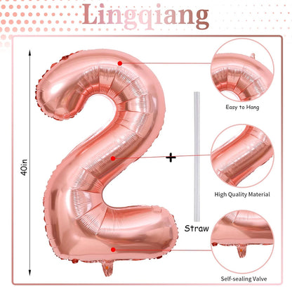 Regine Switzerland 40-Inch Rose Gold Foil Number 2 Balloon - Self-Inflating Digital Helium Decoration for Birthdays & Anniversaries