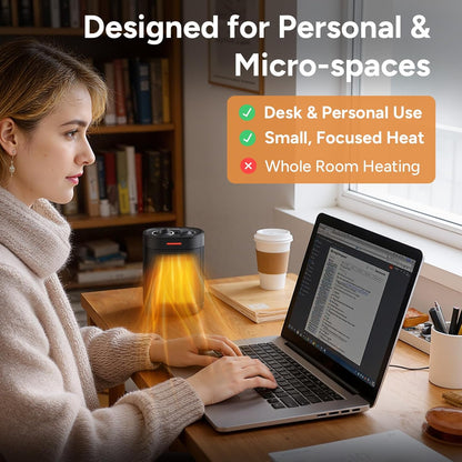 Pereysi Ceramic Personal Space Heater - 1000W/700W Low Wattage Electric Heater for Office & RV | Quiet Mini Design