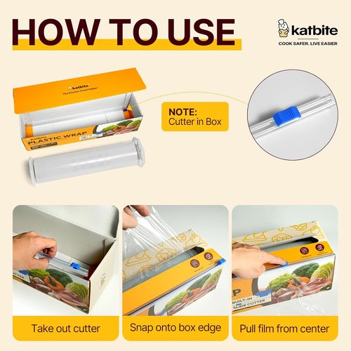 Katbite Plastic Wrap - 12 Inch x 1200 Ft Clear Food Service Film Roll with Removable Cutter for Easy Use