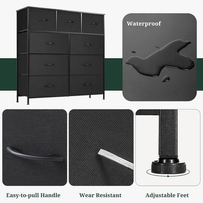 Skiennix 9-Drawer Dresser - Anti-Tip Tall Storage Organizer with Wooden Top & Metal Frame | Black