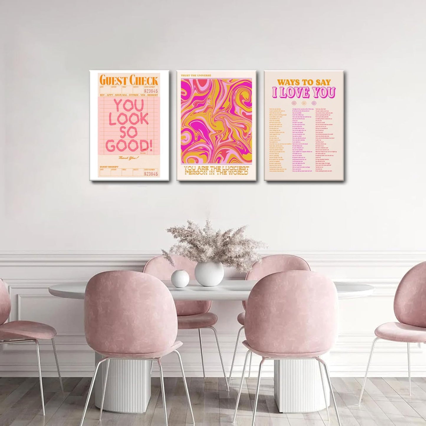 Pink Wall Decor - Abstract Canvas Art Set of 3 | Unique Love-Inspired Prints for Teen Girls | Framed 12x16''