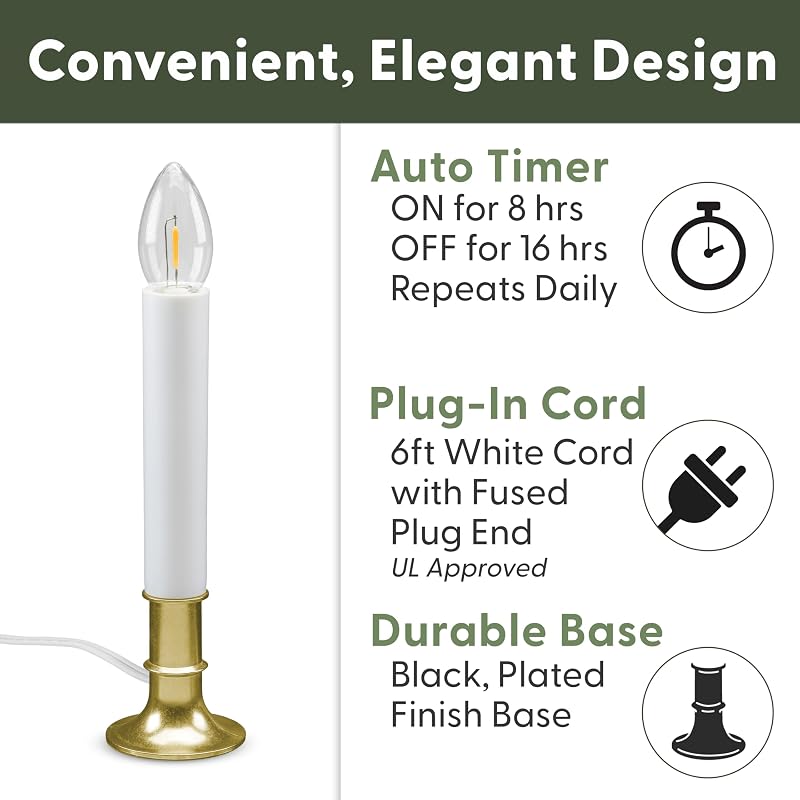 Electric LED Window Candles with Timer - Brass Variant, Shatterproof Bulbs