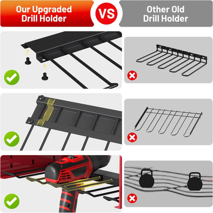 Power Tool Organizer - Wall Mount Charging Station with 8 Outlet Power Strips & Hooks | Heavy Duty 4 Layer Drill Storage Shelf