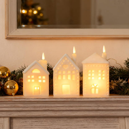 WDS WONDROUS Ceramic Christmas Village Set - Light Up Tabletop Decor | Set of 3 Flameless LED Houses