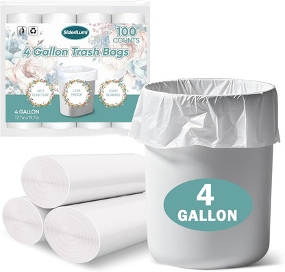 Skiennix Small Trash Bags - 100 Count Leakage-Proof 4 Gallon Garbage Liners | Unscented White Mini Bags
