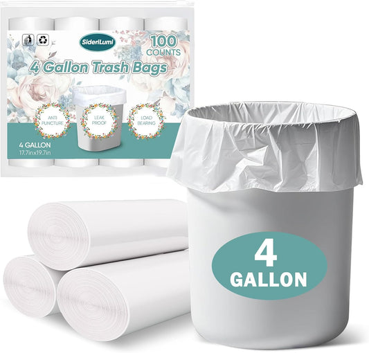 Skiennix Small Trash Bags - 100 Count Leakage-Proof 4 Gallon Garbage Liners | Unscented White Mini Bags