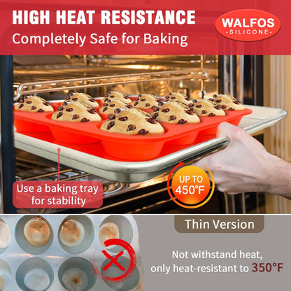 Walfos Silicone Muffin Pan - Non-Stick 12-Cup Silicone Bakeware | BPA Free & Dishwasher Safe