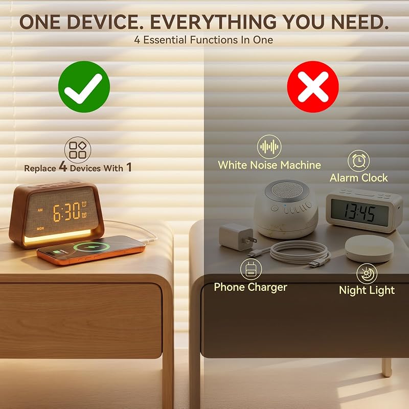 Alarm Clock with White Noise Machine & Night Light – Dark Wood Grain, Dual Alarm