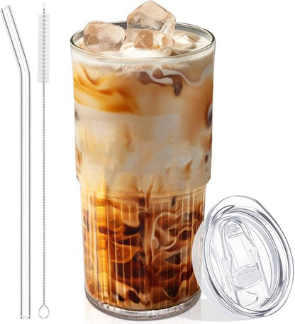 Luiaiog Glass Cups - 18.5oz Reusable Tumblers with Lids & Straws | Shatter-Resistant, Ideal for Iced Coffee & Smoothies