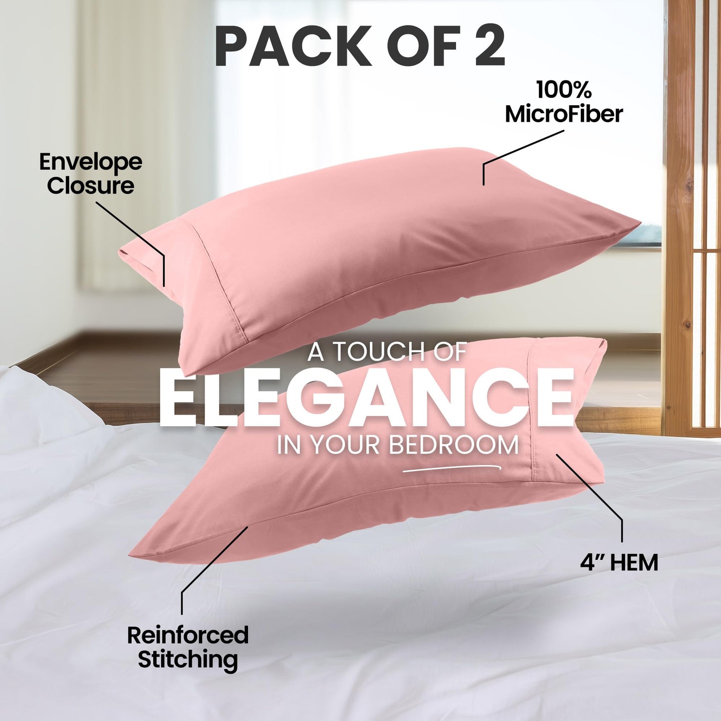 Utopia Bedding Pillow Cases King Size 2-Pack – Soft Brushed Microfiber – Envelope Closure – Perfect for Hospitals, Hotels, Guest Rooms – Oeko-TEX Certified, 20x40 Inches (Pink)