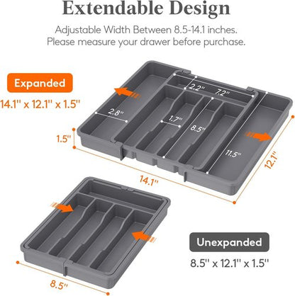 Lifewit Silverware Drawer Organizer, Expandable Utensil Tray for Kitchen, BPA Free Flatware and Cutlery Holder, Adjustable Plastic Storage for Spoons Forks Knives, 8.5-14 x 12", Dark Gray