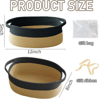 JMvicyroam Woven Basket - Small Rope Storage Bin with Handles for Organizing Shelves | Black & Jute, 2 Pack