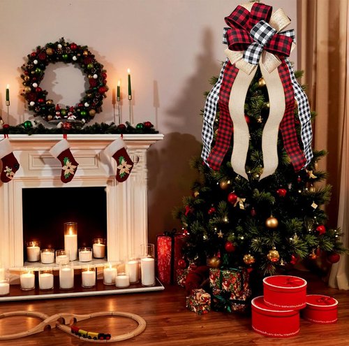 Buffalo Plaid Christmas Tree Topper - Handmade Red & Black Burlap Gift Bow | 13 x 29 Inch Holiday Decor