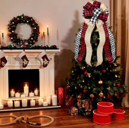 Buffalo Plaid Christmas Tree Topper - Handmade Red & Black Burlap Gift Bow | 13 x 29 Inch Holiday Decor