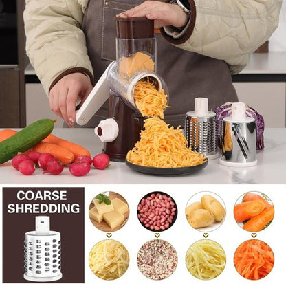 Cambom Rotary Cheese Grater - Hand Crank Shredder for Fresh Cheese, Vegetables & Nuts | Non-Slip Base, 3 Blades, Coffee Color