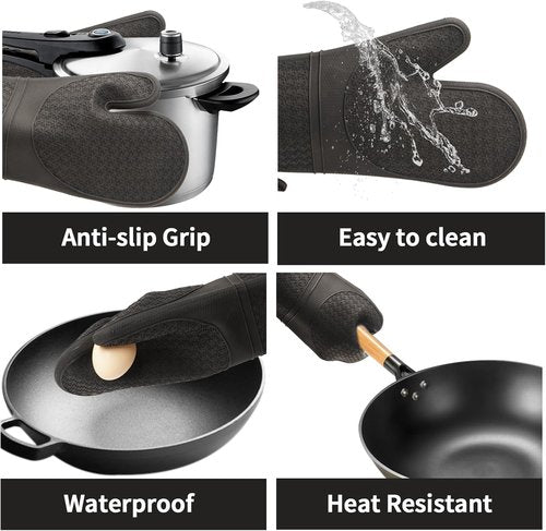 Hovico Silicone Oven Mitts - Heat Resistant 500°F Kitchen Gloves | Non-Slip Grip, BPA-Free, 2PCS - Black