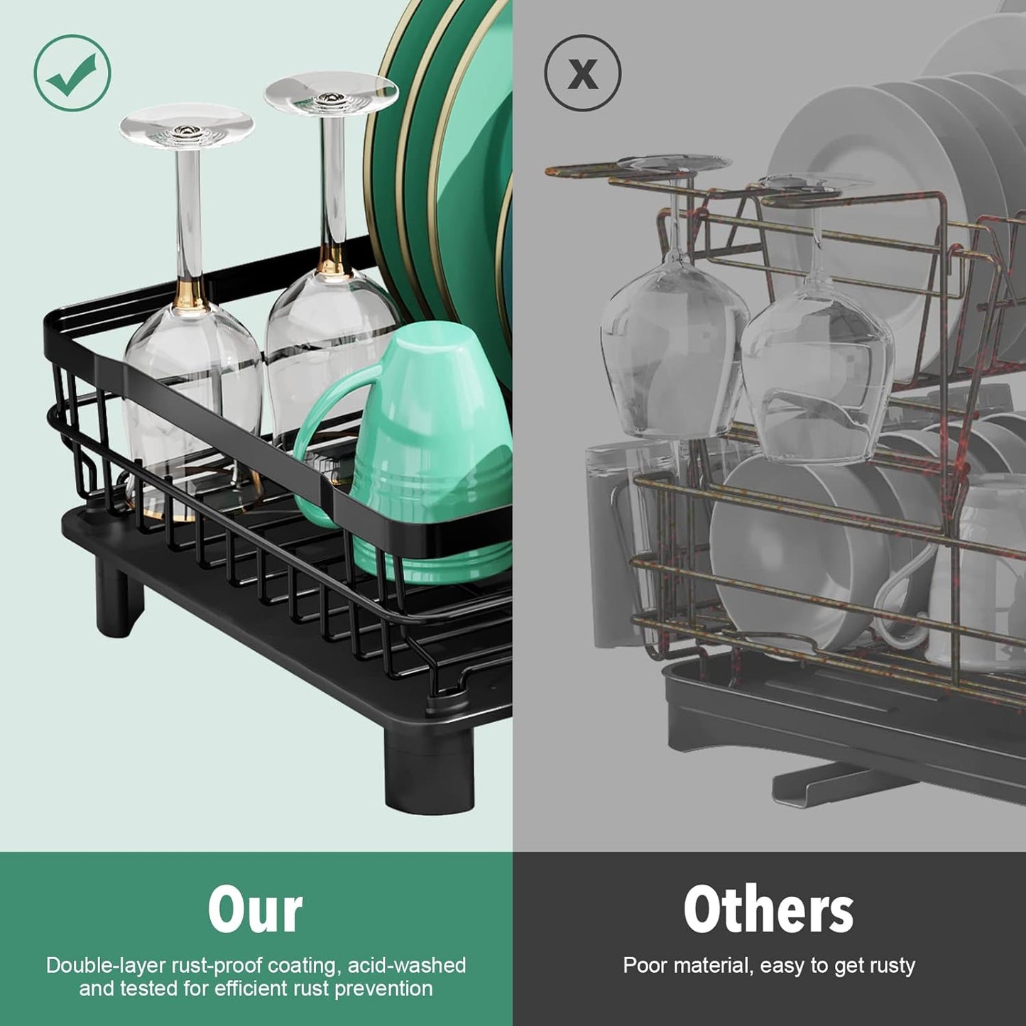 MOUKABAL Stainless Steel Dish Drying Rack - Removable Utensil Holder & Drainboard | Black, 13"W x 17"L