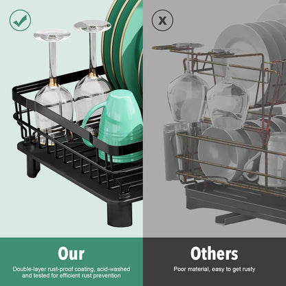 MOUKABAL Stainless Steel Dish Drying Rack - Removable Utensil Holder & Drainboard | Black, 13"W x 17"L