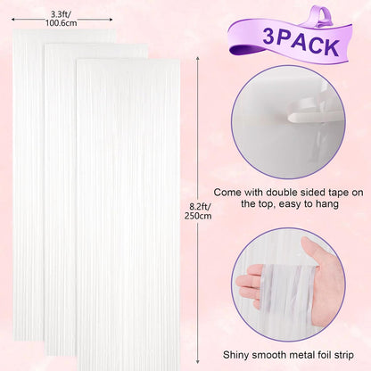 Voircoloria White Foil Fringe Backdrop Curtains - 3 Pack Tinsel Streamers for Parties & Events | 3.3x8.2 Feet