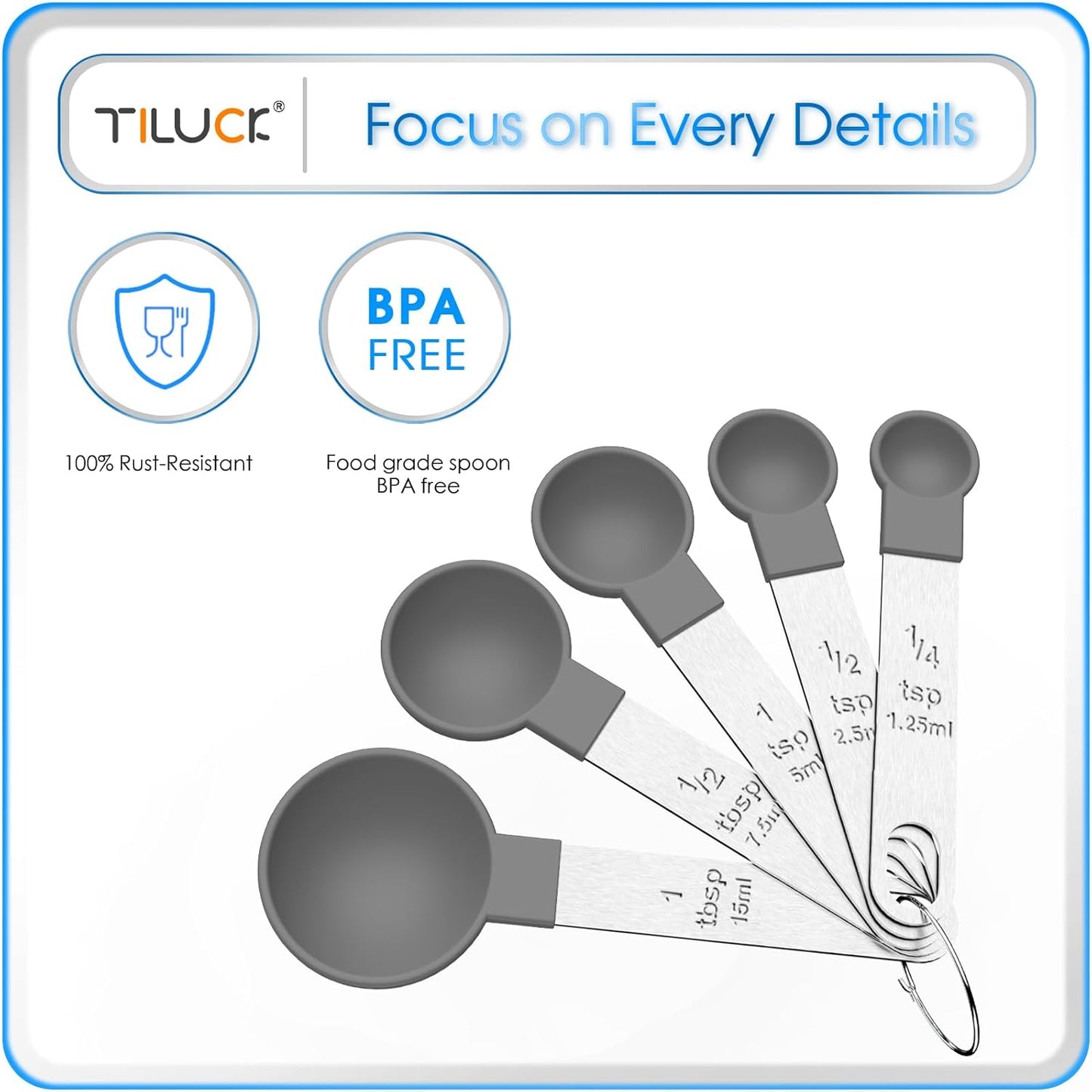 TILUCK Measuring Cups & Spoons Set - Stackable Kitchen Gadgets with Stainless Steel Handle | Gray